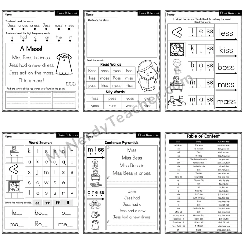 Floss Rule (ss) Decodable Poem and Worksheets — A Mess!