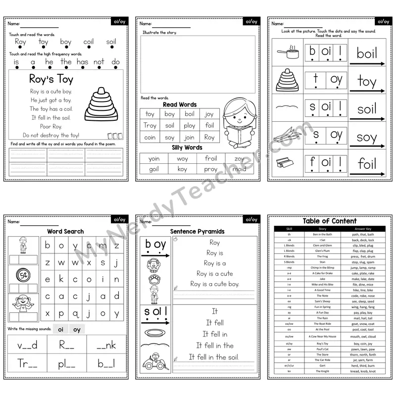 oi, oy Diphthong Decodable Poem and Worksheets — Roy's Toy
