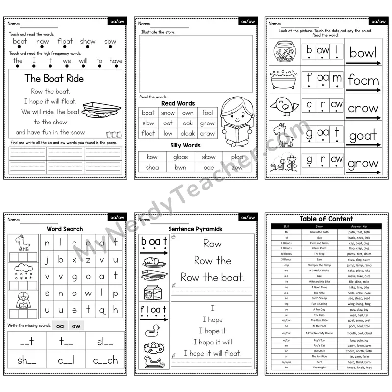 oa, ow Vowel Team (Long o) Decodable Poem and Worksheets — The Boat Ride