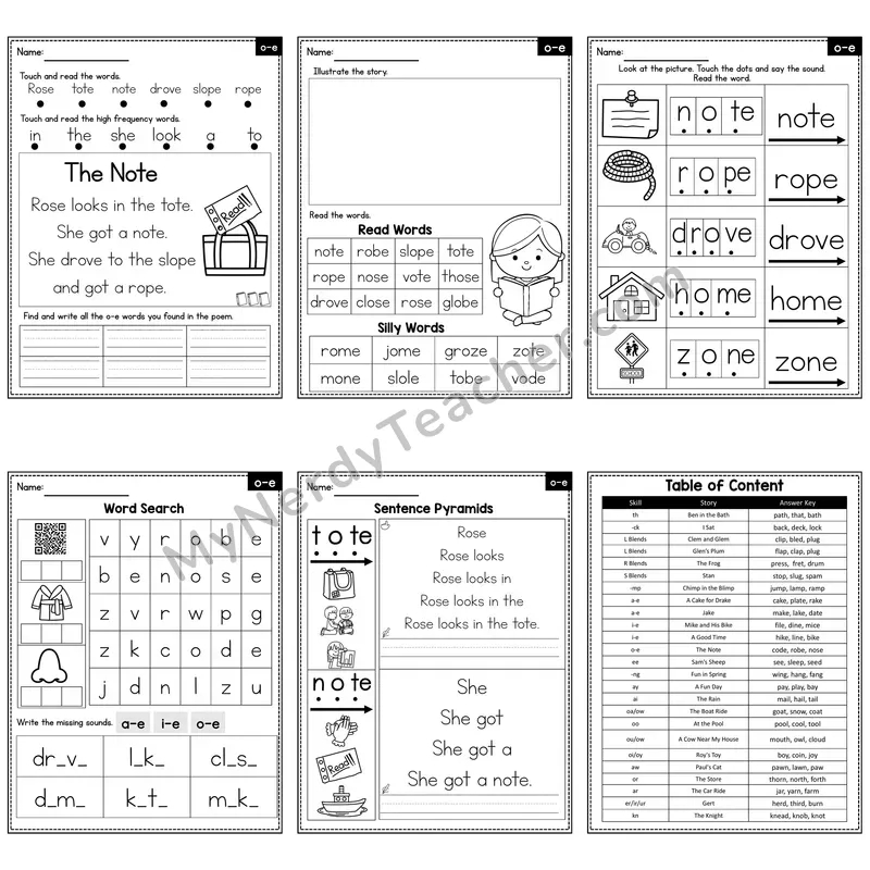 o_e (Long o, Magic e) Decodable Poem and Worksheets — The Note