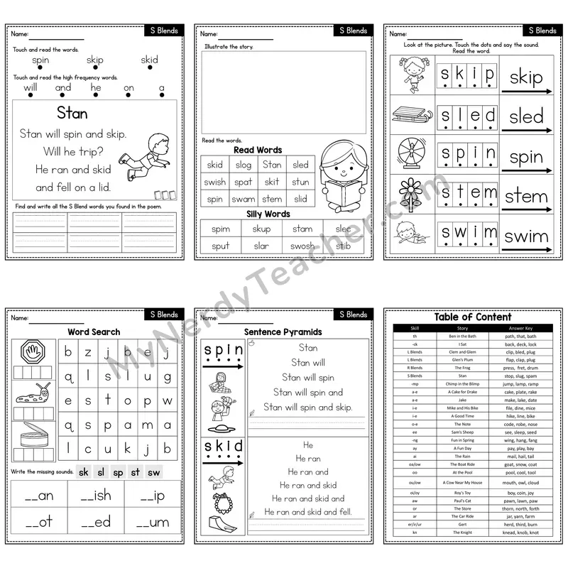 S Blends Decodable Poem and Worksheets — Stan