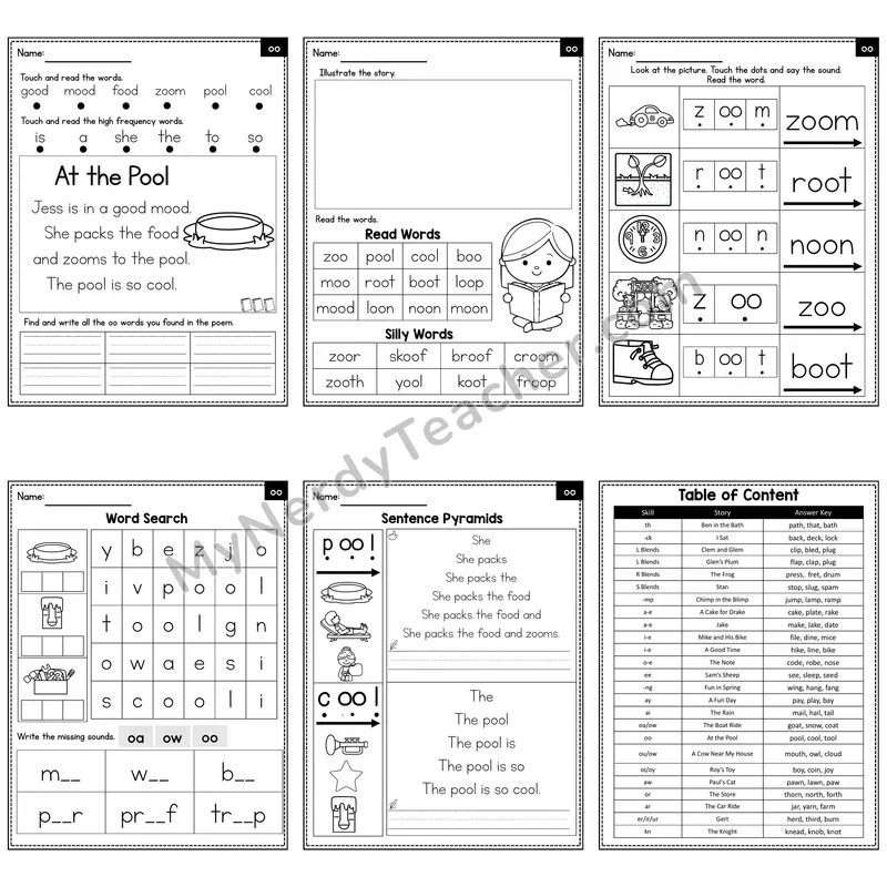 oo Vowel Team Decodable Poem and Worksheets — At the Pool