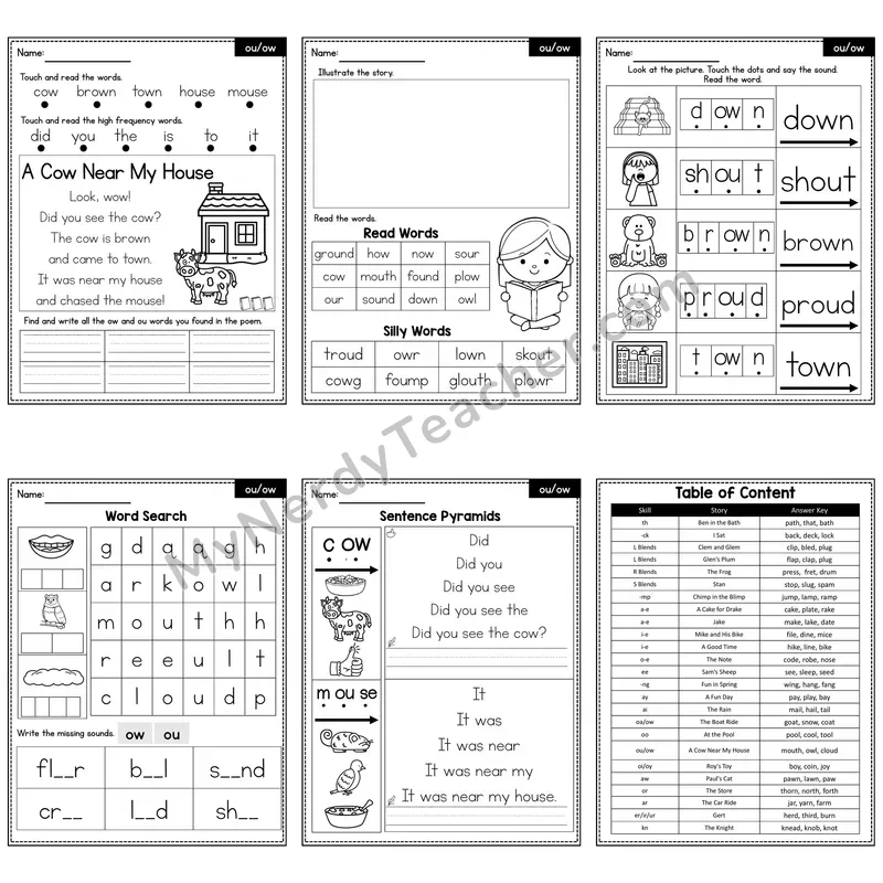 ou, ow Diphthong Decodable Poem and Worksheets — A Cow Near My House