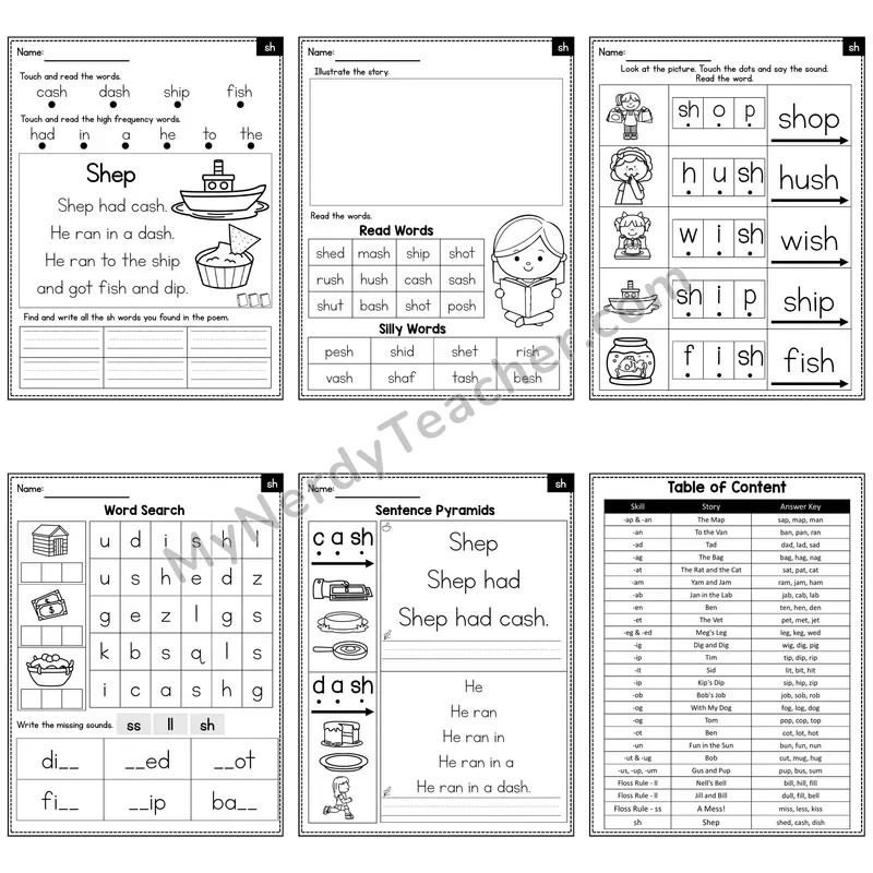 sh Digraph Decodable Poem and Worksheets — Shep