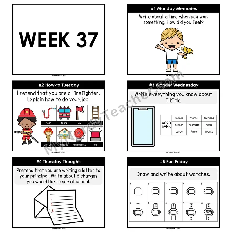 2nd & 3rd Grade Daily Writing Prompts — Week 37 (Editable PowerPoint — Display Version)