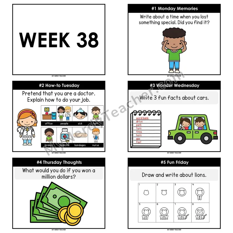 2nd & 3rd Grade Daily Writing Prompts — Week 38 (Editable PowerPoint — Display Version)