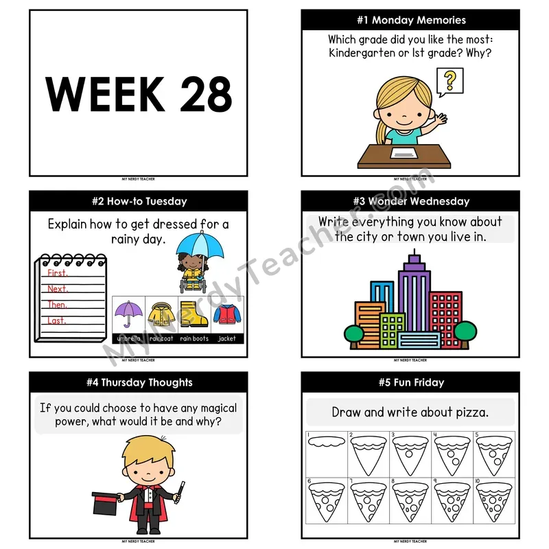 2nd & 3rd Grade Daily Writing Prompts — Week 28 (Editable PowerPoint — Display Version)