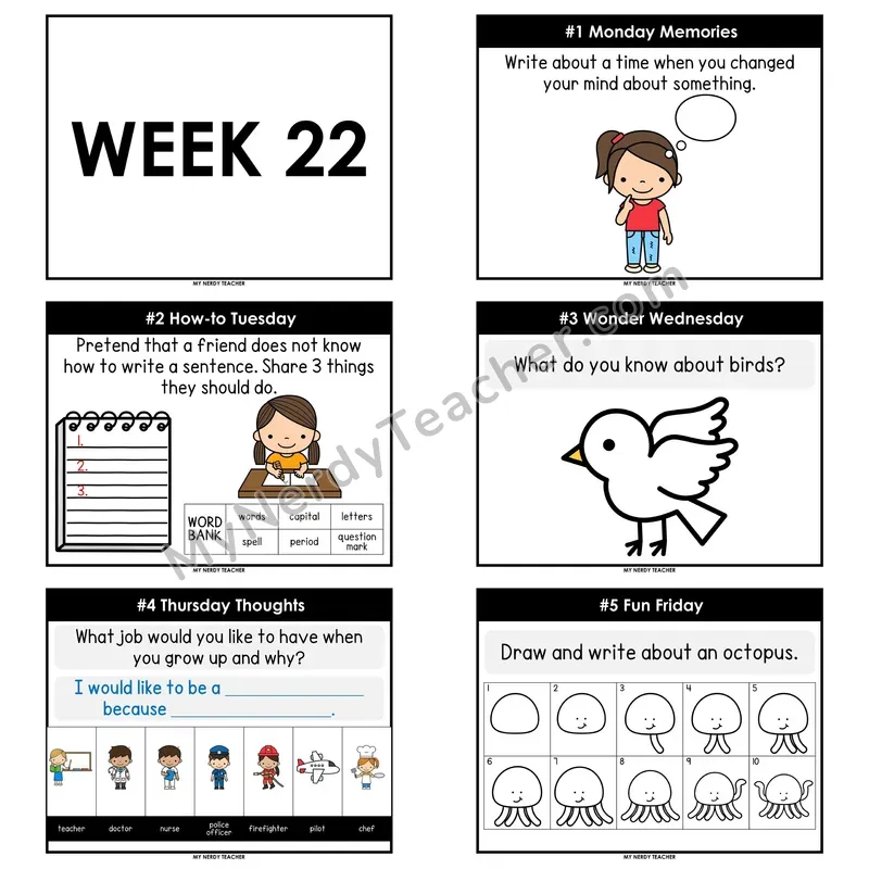 2nd & 3rd Grade Daily Writing Prompts — Week 22 (Editable PowerPoint — Display Version)