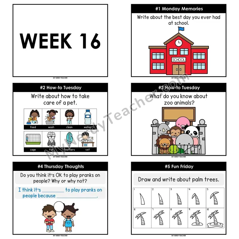 2nd & 3rd Grade Daily Writing Prompts — Week 16 (Editable PowerPoint — Display Version)
