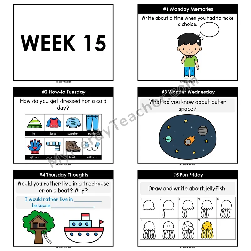 2nd & 3rd Grade Daily Writing Prompts — Week 15 (Editable PowerPoint — Display Version)