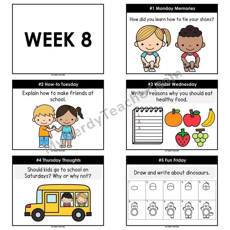 2nd & 3rd Grade Daily Writing Prompts — Week 08 (Editable PowerPoint — Display Version)