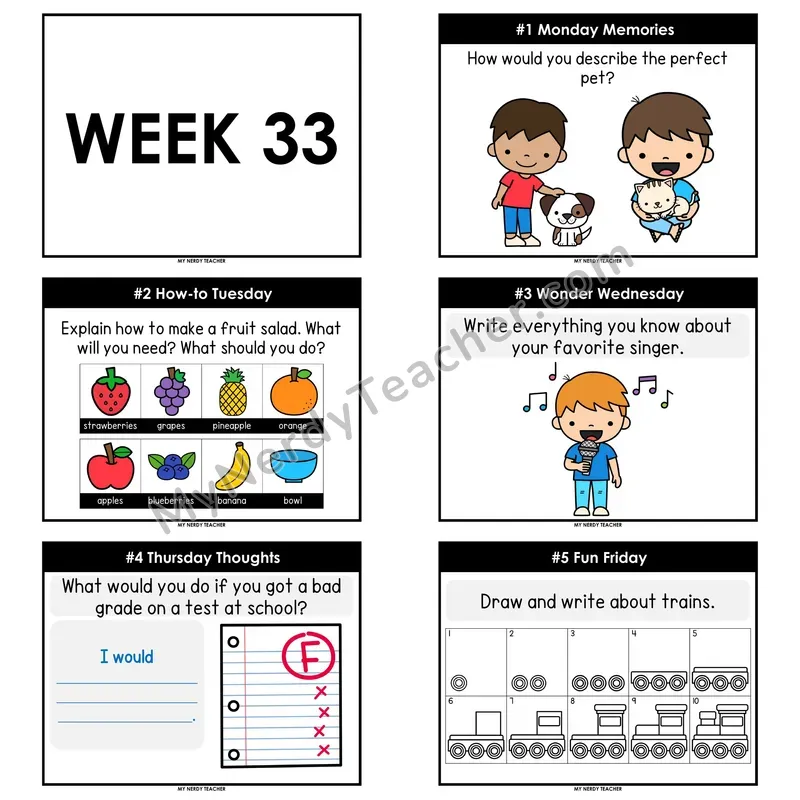 2nd & 3rd Grade Daily Writing Prompts — Week 33 (Editable PowerPoint)
