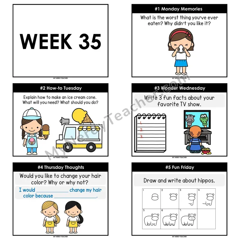 2nd & 3rd Grade Daily Writing Prompts — Week 35 (Editable PowerPoint)