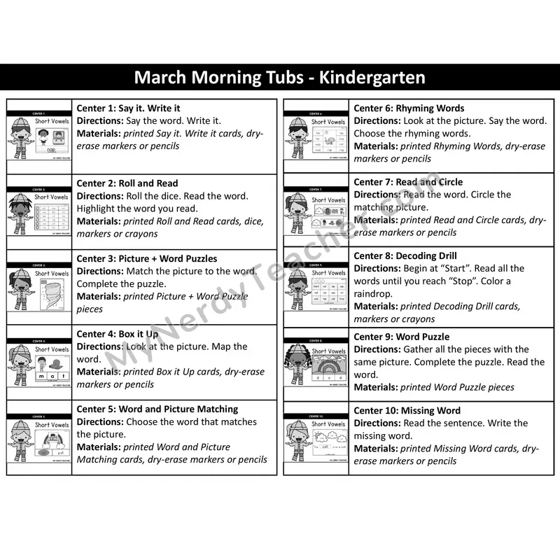 Short Vowel CVC Task Cards - March Weather (Black & White)