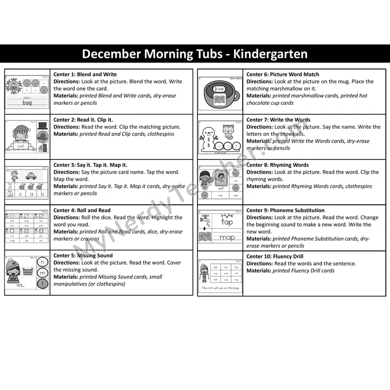 Short Vowel CVC Task Cards - December Winter (Black & White)