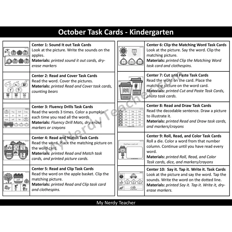 Short Vowel CVC Task Cards - October Fall (Black & White)