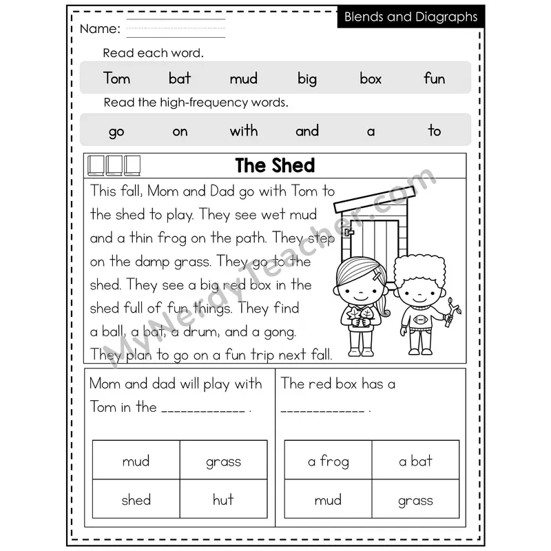 Blends and Digraphs Decodable Reader — Fall: The Shed