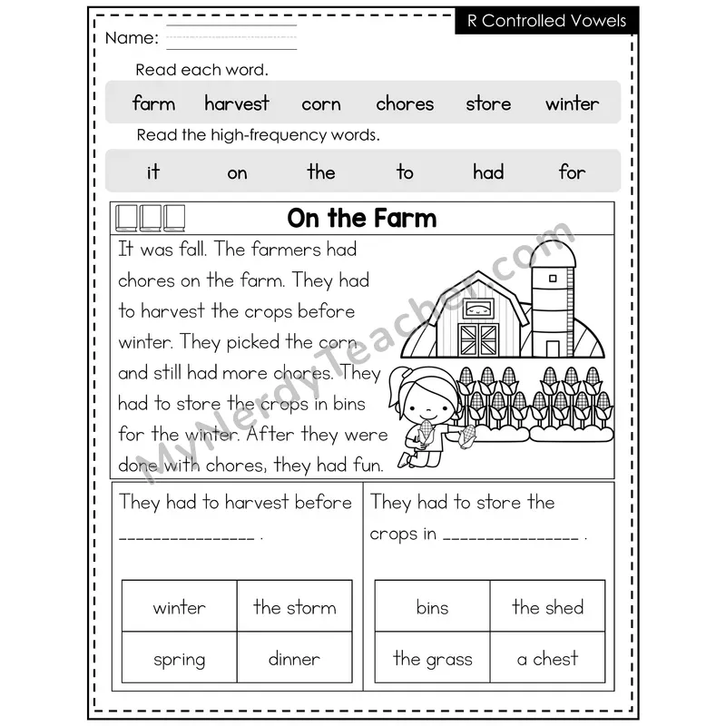 R-Controlled Vowels Decodable Reader — Fall: On the Farm