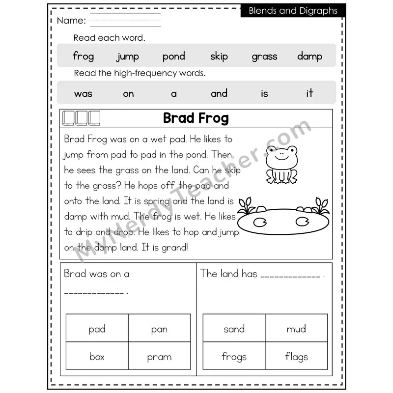 Blends and Digraphs Decodable Reader — Spring: Brad Frog