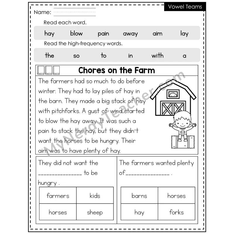 Vowel Teams Decodable Reader — Fall: Chores on the Farm