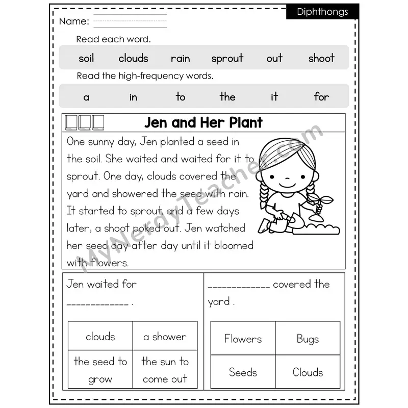 Diphthongs Decodable Reader — Spring: Jen and Her Plant