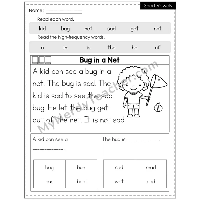 Short Vowels Decodable Reader — Spring: Bug in a Net