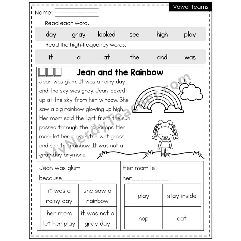 Vowel Teams Decodable Reader — Spring: Jean and the Rainbow