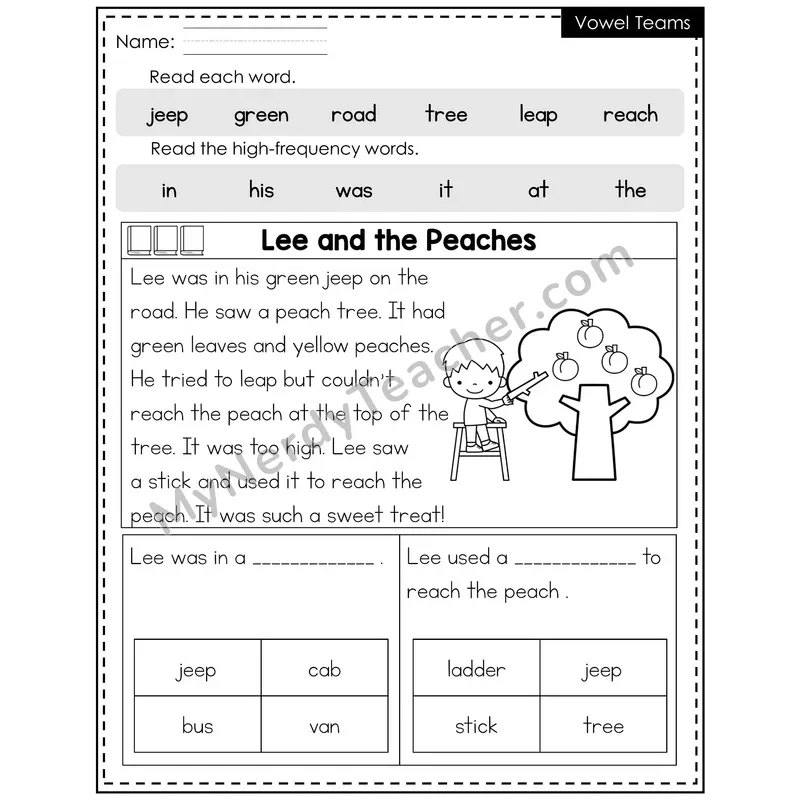 Vowel Teams Decodable Reader — Spring: Lee and the Peaches