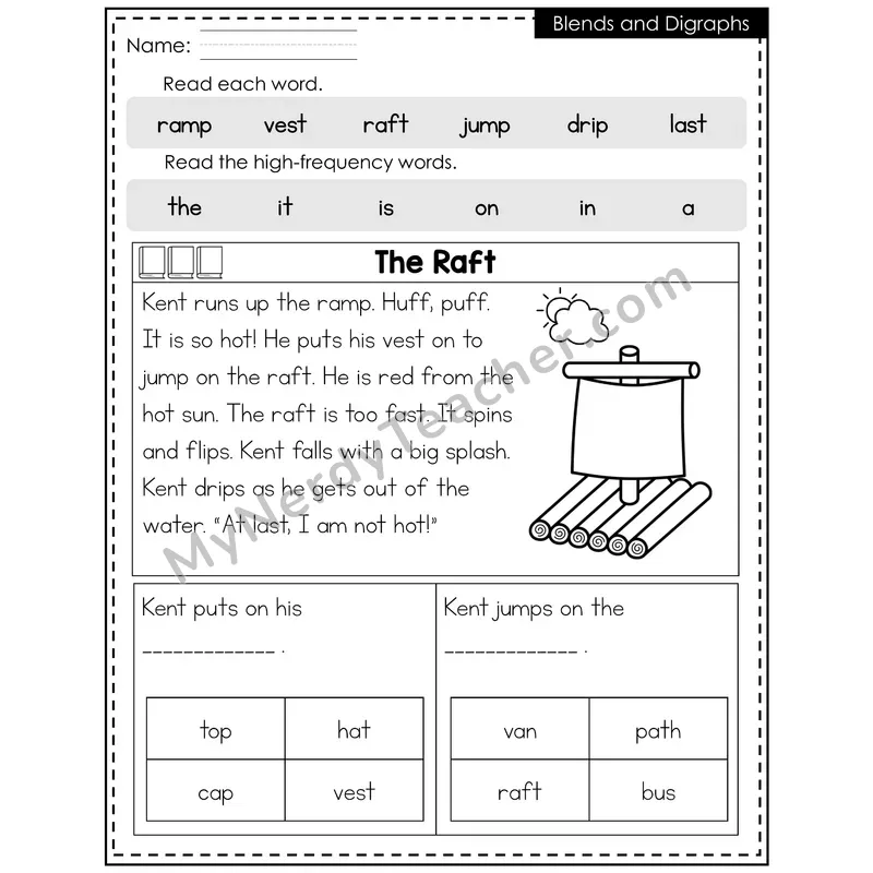 Blends and Digraphs Decodable Reader — Summer: The Raft