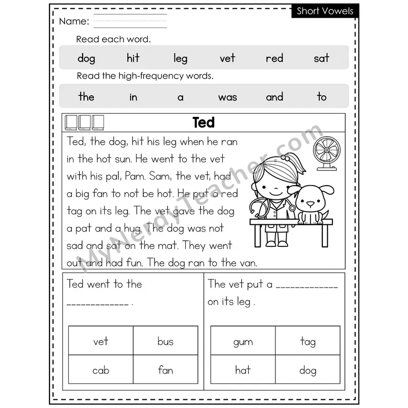 Short Vowels Decodable Reader — Summer: Ted