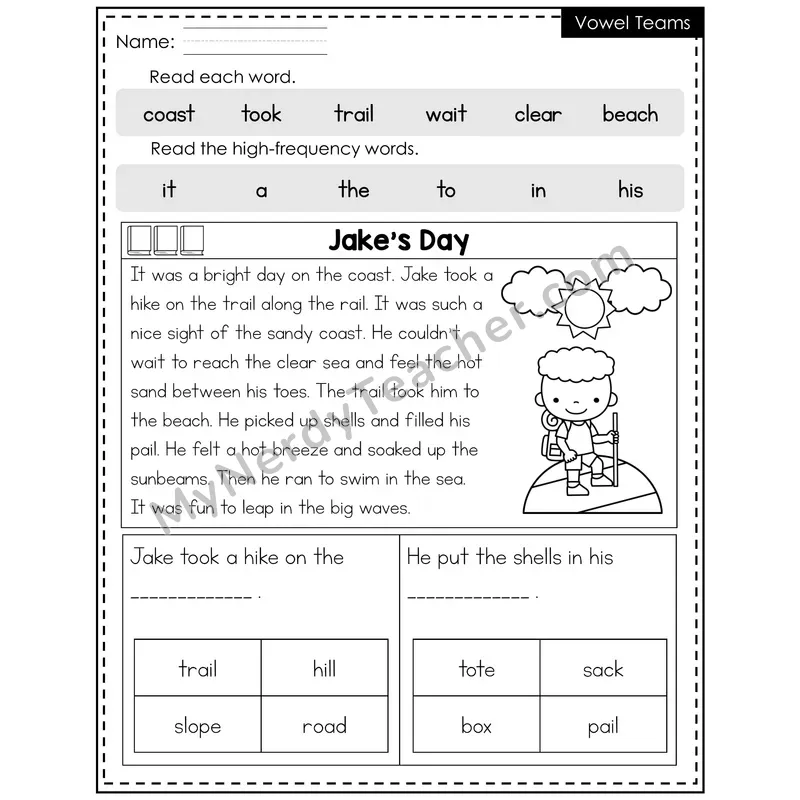 Vowel Teams Decodable Reader — Summer: Jake's Day