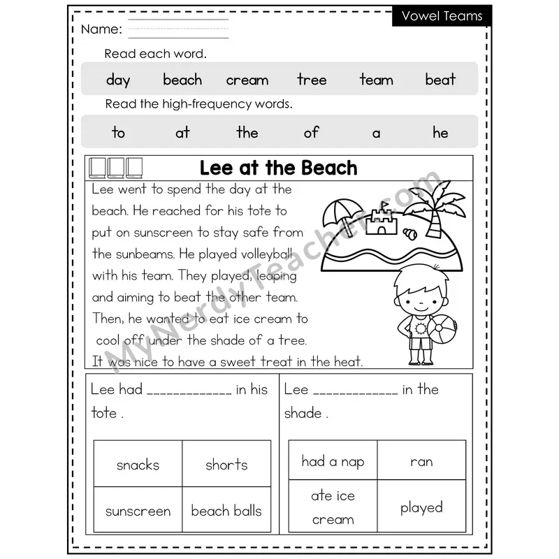 Vowel Teams Decodable Reader — Summer: Lee at the Beach