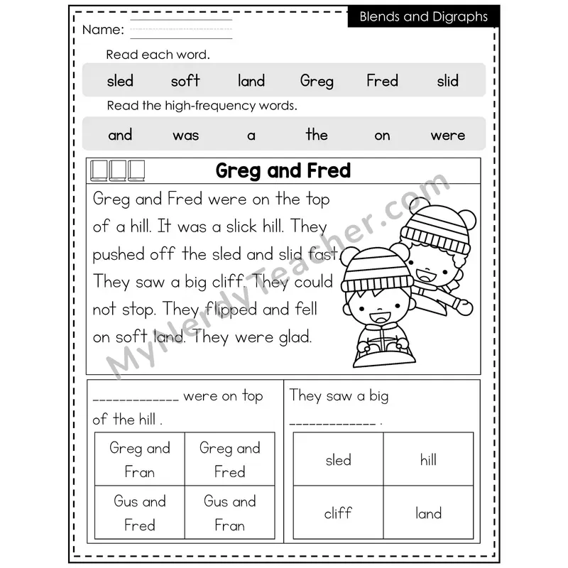 Blends and Digraphs Decodable Reader — Winter: Greg and Fred