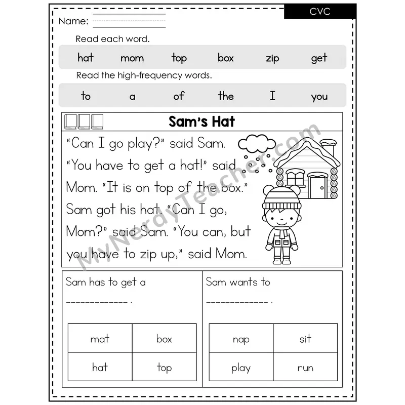 Short Vowels Decodable Reader — Winter: Sam's Hat