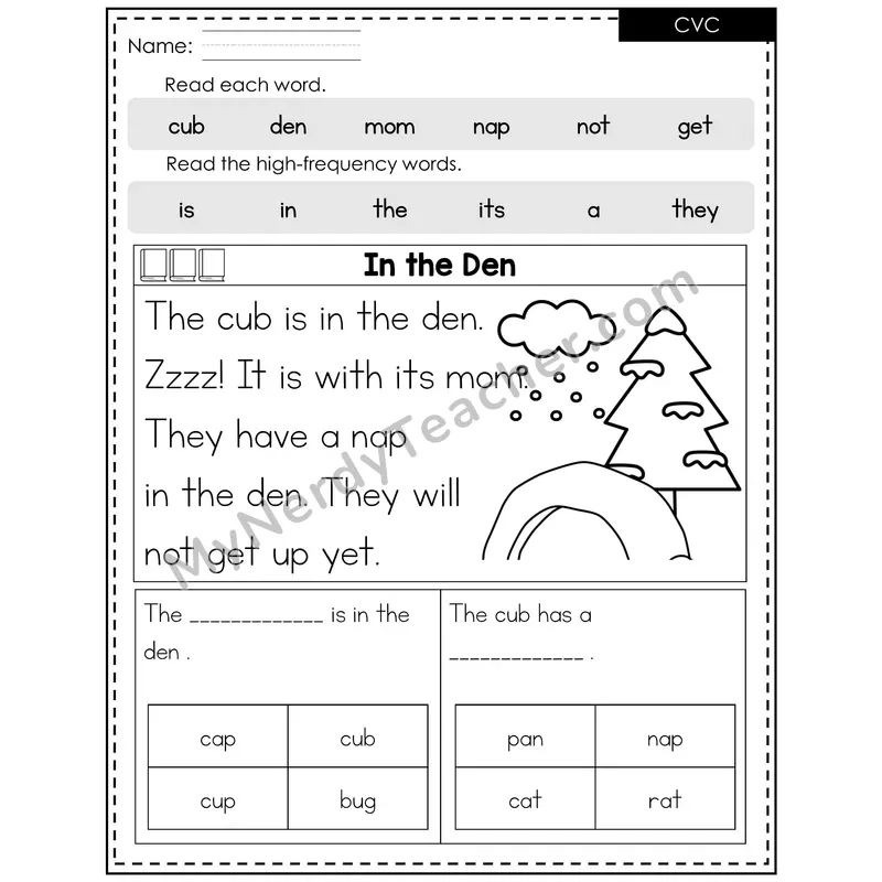 Short Vowels Decodable Reader — Winter: In the Den
