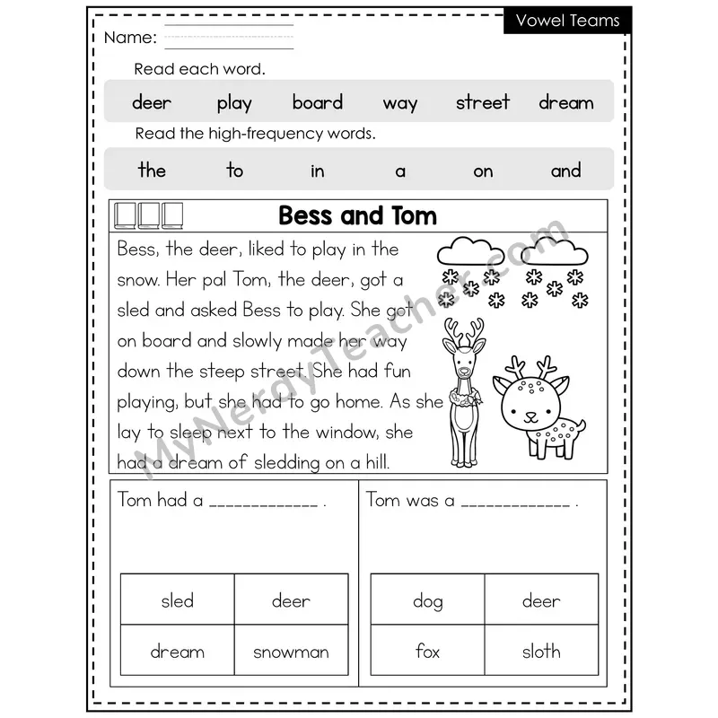 Vowel Teams Decodable Reader — Winter: Bess and Tom