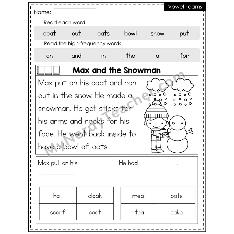 Vowel Teams Decodable Reader — Winter: Max and the Snowman