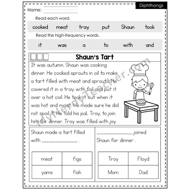 Diphthongs Decodable Reader (Editable) — Fall: Shaun's Tart