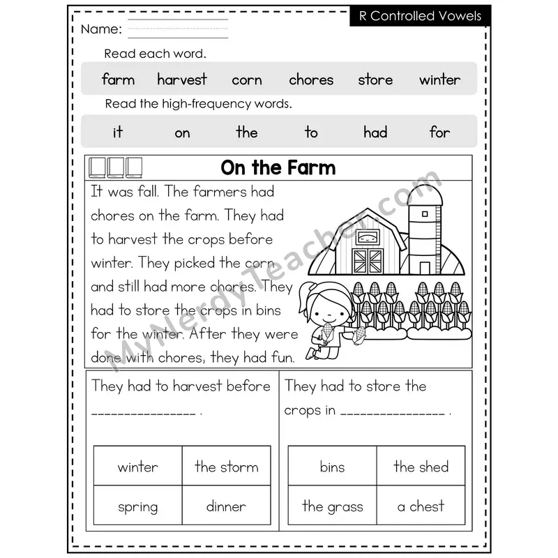 R-Controlled Vowels Decodable Reader (Editable) — Fall: On the Farm