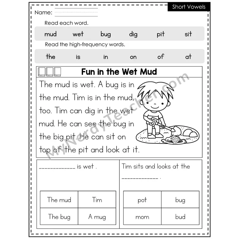 Short Vowels Decodable Reader (Editable) — Spring: Fun in the Wet Mud