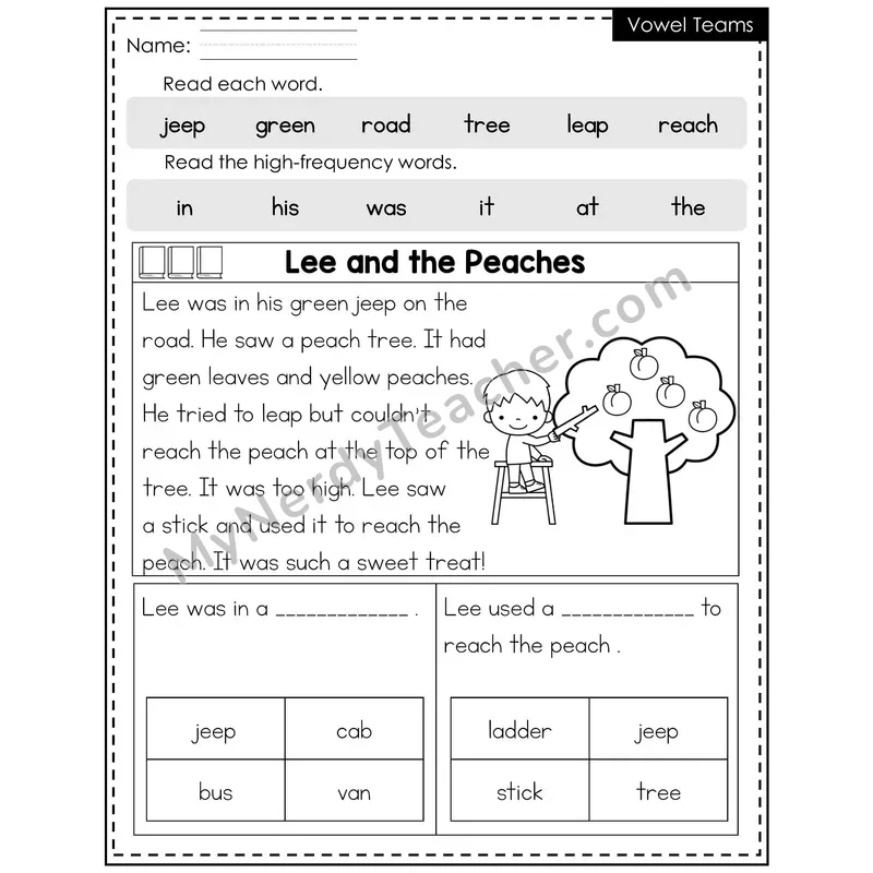 Vowel Teams Decodable Reader (Editable) — Spring: Lee and the Peaches