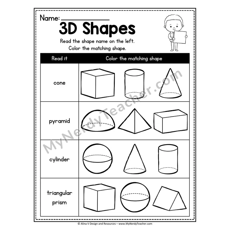3D Shapes Worksheet — Read and Color Matching Shape