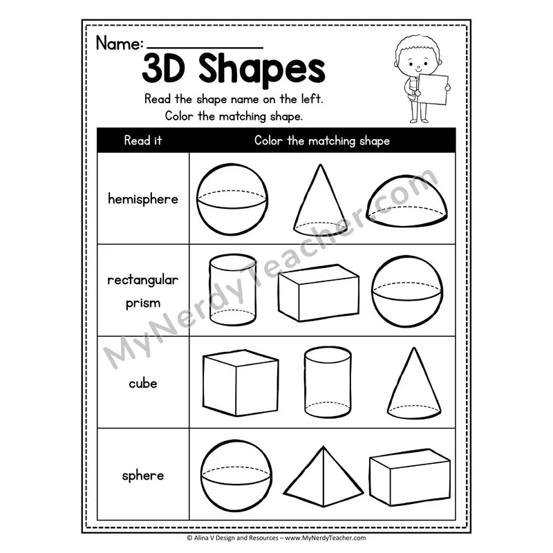 3D Shapes Worksheet — Read and Color Matching Shape