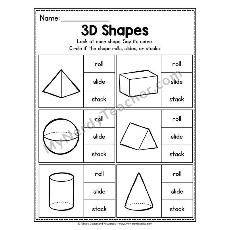 Name of 3D Shapes Worksheet — Write Each Shape Name with Word Bank