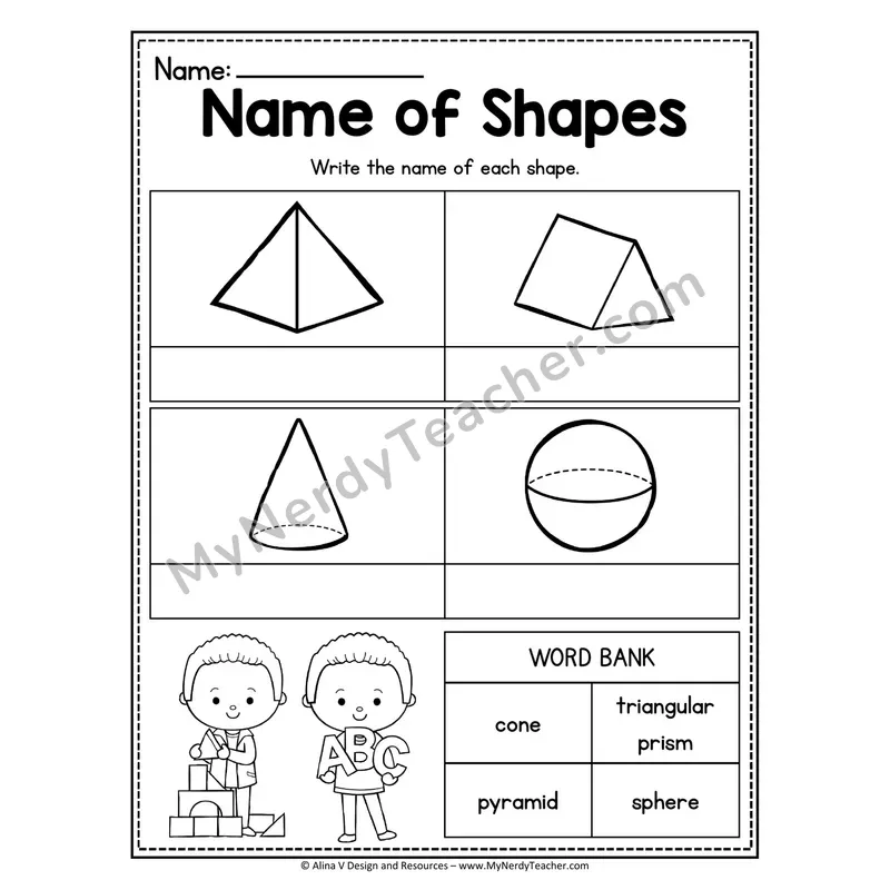3D Shapes Practice Worksheet — Read, Color, Trace, and Draw