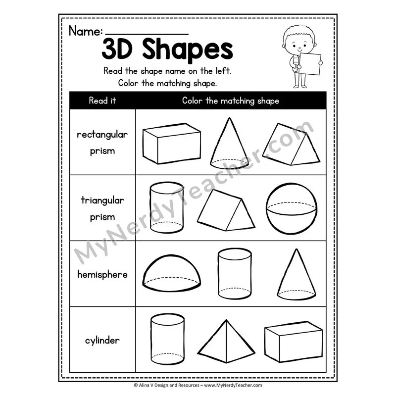 3D Shapes Worksheet — Read and Color Matching Shape