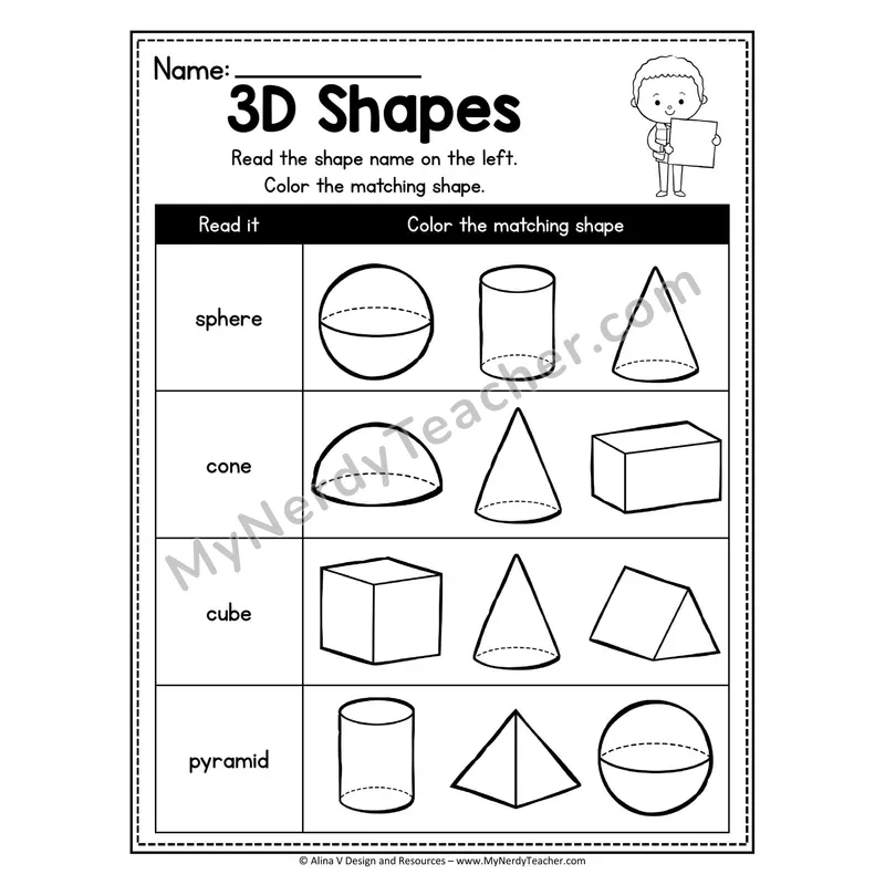 3D Shapes Worksheet — Read and Color Matching Shape