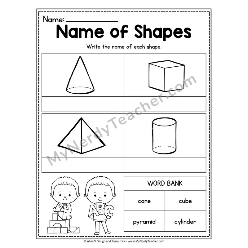 3D Shapes Practice Worksheet — Read, Color, Trace, and Draw