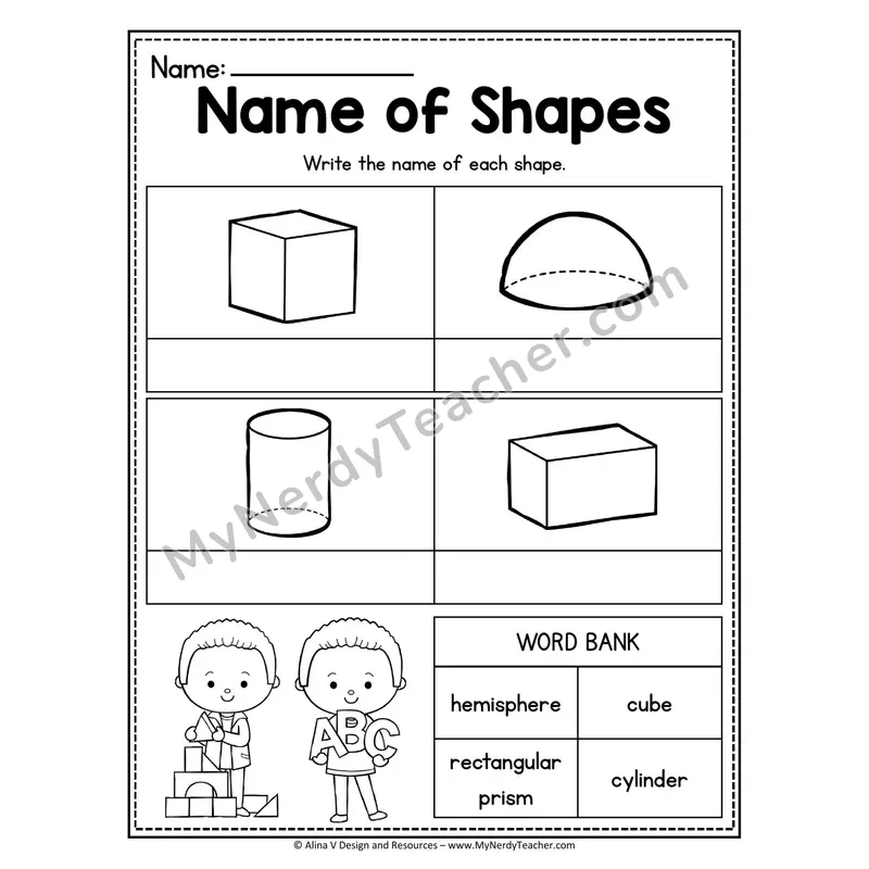 Name of 3D Shapes Worksheet — Write Each Shape Name with Word Bank