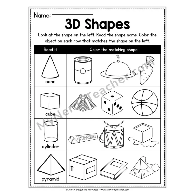 3D Shape Cut and Paste Worksheet — Match Shape Names to Pictures